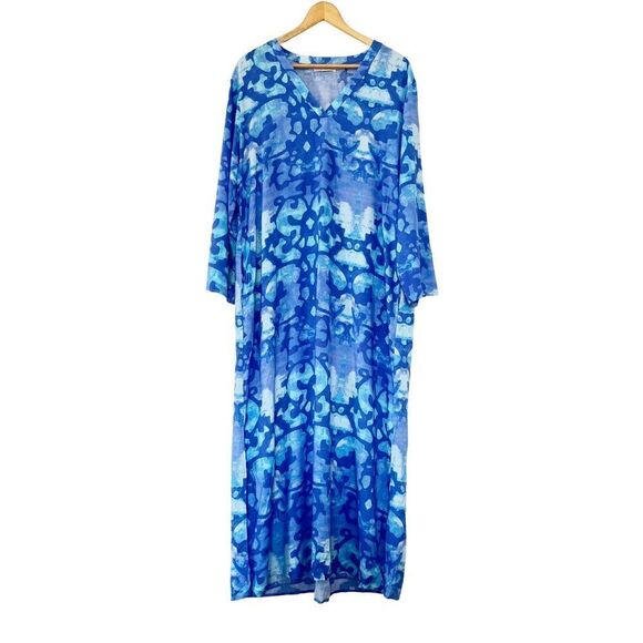 Natori Blue Pattern Long Sleeve Caftan Maxi Dress - Picture 1 of 10
